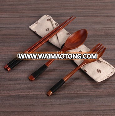 Wooden cutlery set wooden spoon and chopstick set with bag wooden tableware